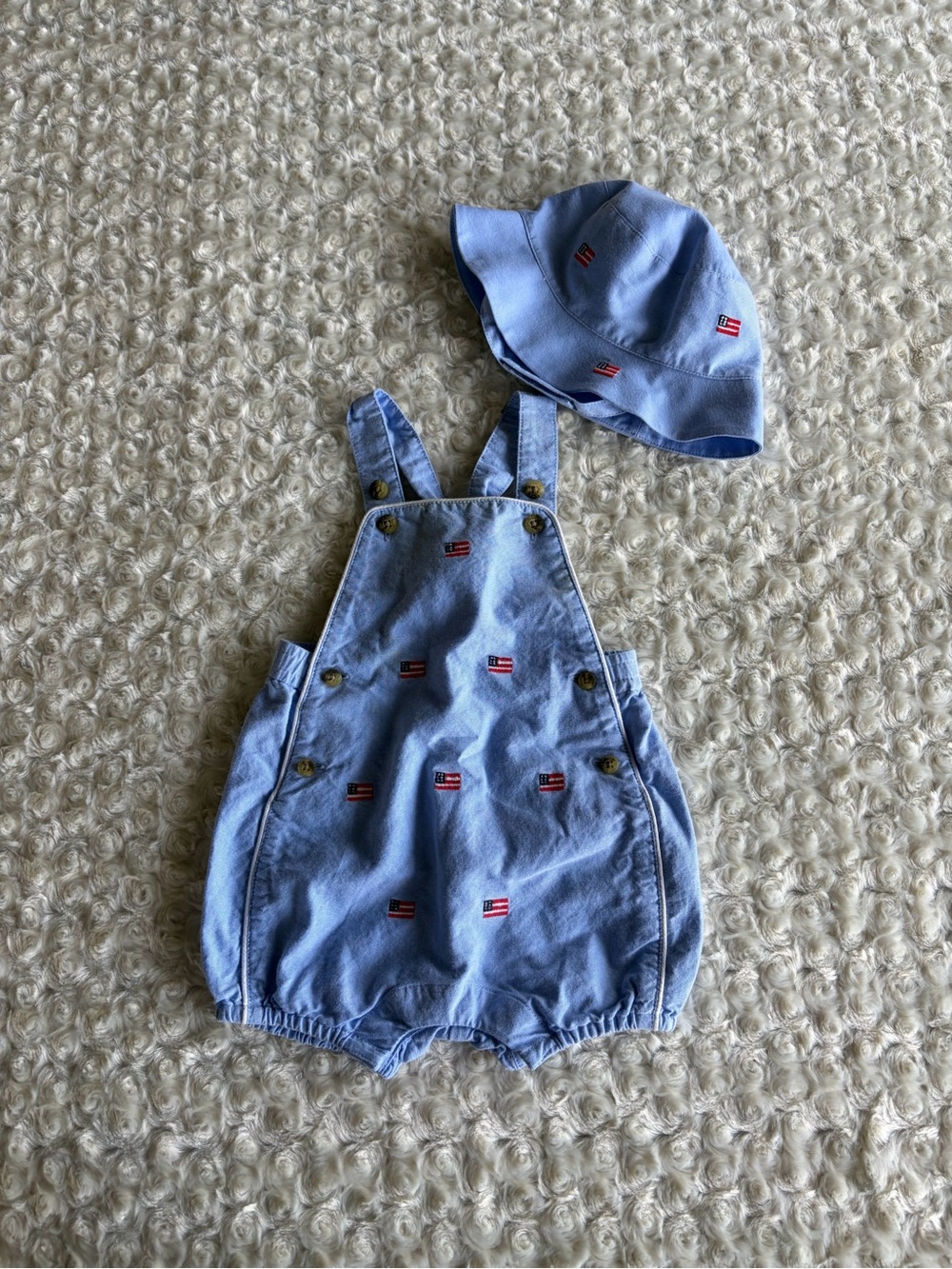 Janie and Jack Light Blue Embroidered Romper with Matching Hat USA Flag Print